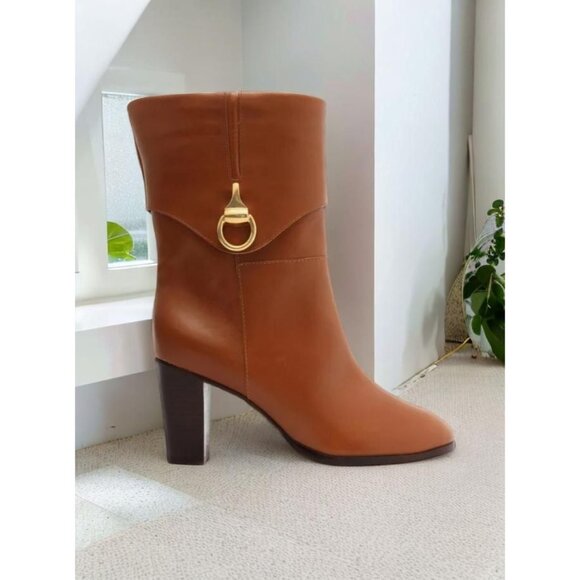 Arezzo Women's Brown Leather Rounded Toe Vivian Mid Block Heel Booties NIB - Picture 3 of 5